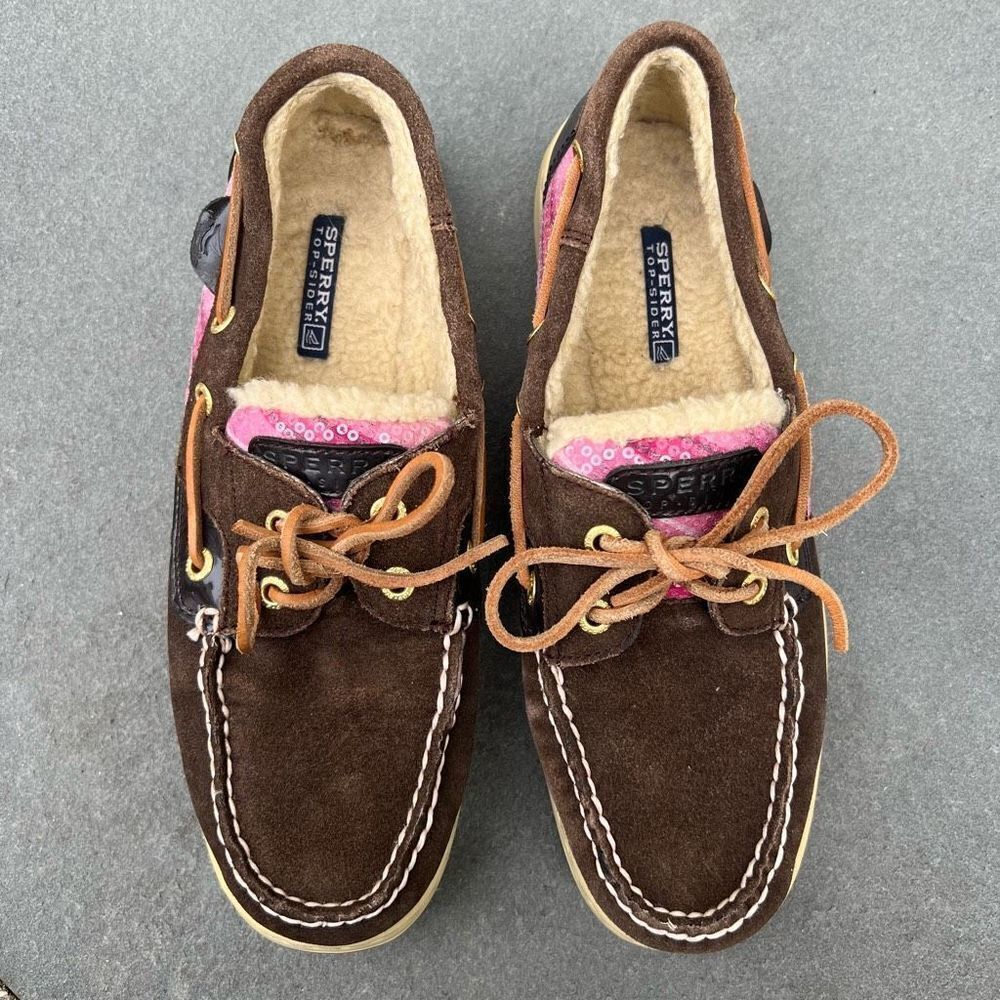 Sperry Top-Sider Faux Fur Lined Leather Boat Shoes Brown Pink Sequins size 7.5